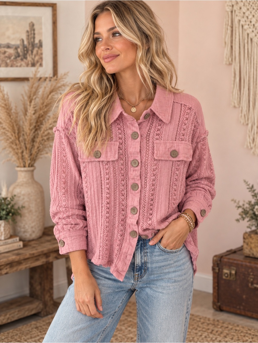 Anthropologie New In Dusty Rose Button-Front Knit Shirt Jacket